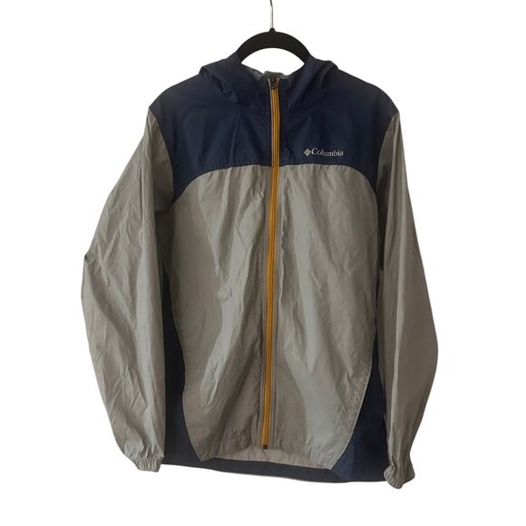 Youth navy blue and grey lightweight windbreaker hooded jacket size 14/16 large - Picture 1 of 4
